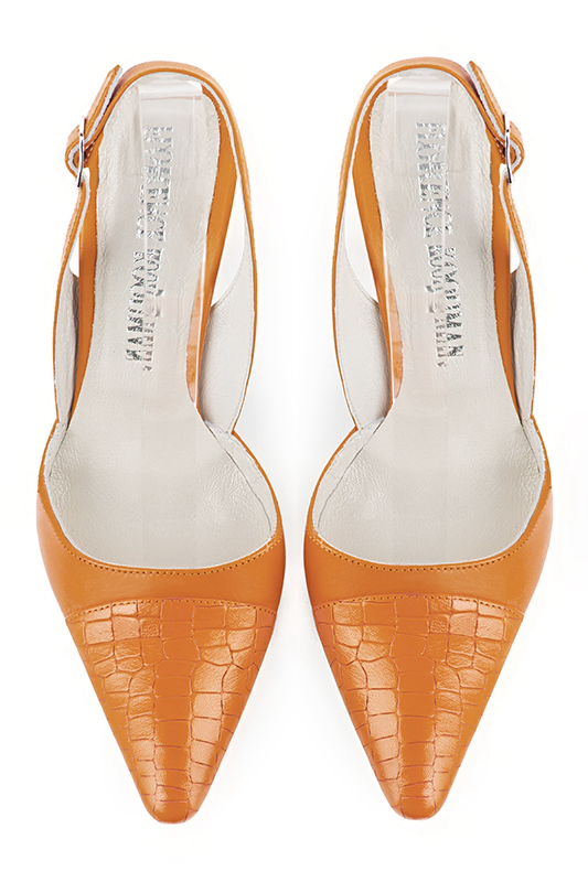 Marigold orange women's slingback shoes. Tapered toe. Very high spool heels. Top view - Florence KOOIJMAN